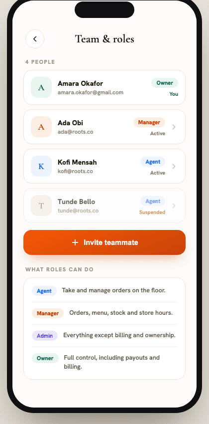 The merchant app's teams and roles screen.