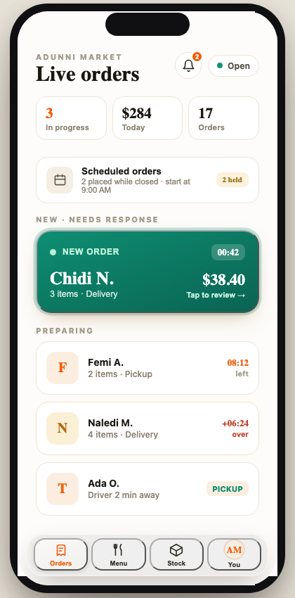 ETNOWE Merchant Release 5 live orders screen